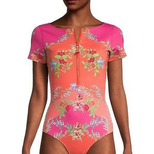 Johnny Was wave surf one piece neoprene pink orange swimsuit size L